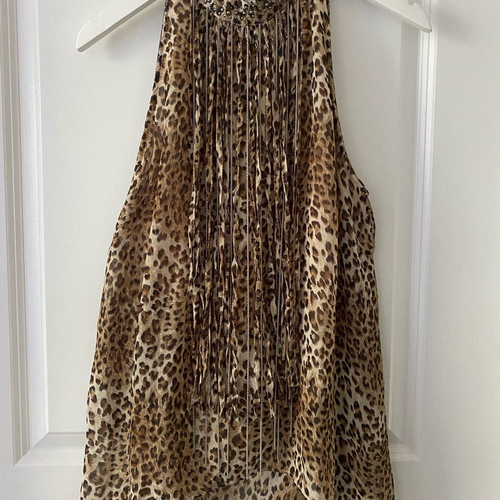 Pre-owned Solution Animal Print Halter Top with Tassels, Size L